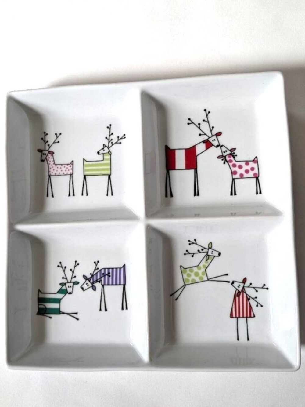White Ceramic Divided Serving Dish with Colorful Reindeer Motif 10"Lx10"Wx1.5"H